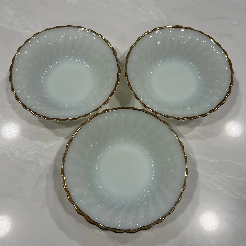 Anchor Hocking Milk Glass Swirl Gold Trim Bowls Set of 3 Cottagecore Classic
